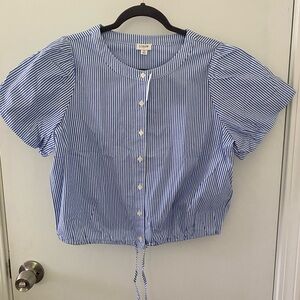 J. Crew Blue and White Puff Sleeve Blouse